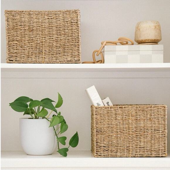 BirdRock Home Woven Storage Shelf Organizer Baskets w/ Handles Natural Seagrass - Picture 5 of 8